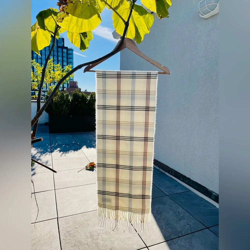 100% CASHMERE European Fringed Plaid Cream Scarf